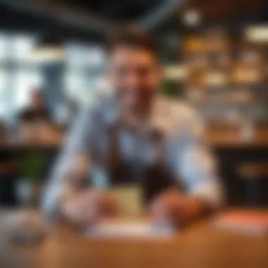 Business Owner with Gift Card Display Illustration showing business owner smiling with gift card display